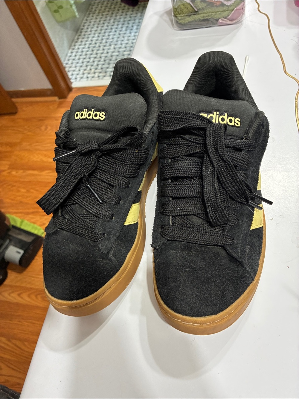 adidas Women’s Black Suede Sneakers with Yellow Accents and Gum Outsole
